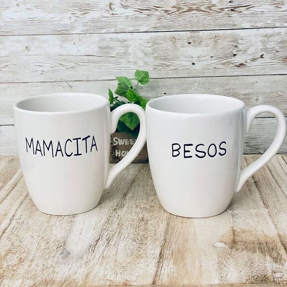 NWT 1872 Gorgeous 2 Pc White Black letters MAMACITA BESOS Glissy Ceramic Mug Set - Picture 1 of 12